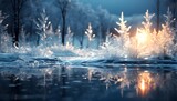 Winter landscape with frozen lake and snowflakes. Christmas background.