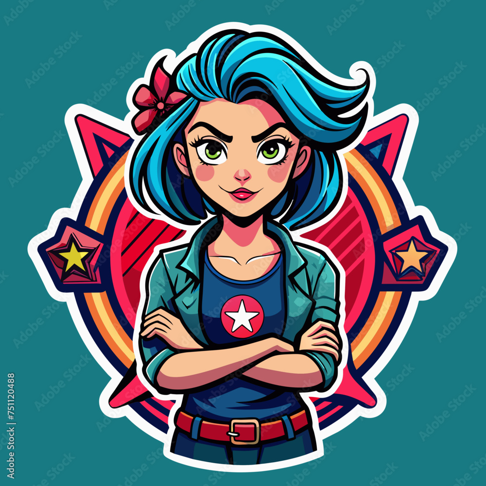 Ruler of Rebellion Capture the essence of rebellion with a tshirt sticker design showcasing a girl in a rebellious pose, wearing a tee rounded by imagery symbolizing defiance and nonconformity