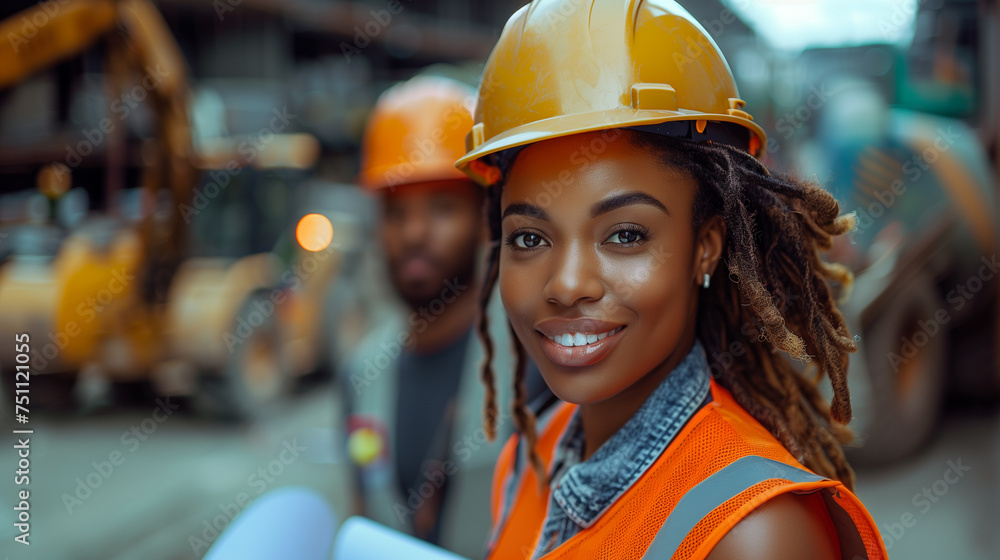 A woman engineer in a hard hat reviews a construction blueprint with colleague on a construction site. A woman engineer in a hard hat reviews a construction blueprint with colleague on a construction site.