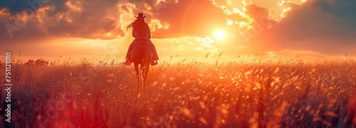 On a ranch, a woman rides a horse. © tongpatong