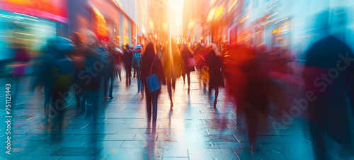 Motion blur of people walking in evening, busy modern life concept. Crowd of people walking in street, panoramic view