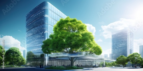 Sustainble green building in modern city. Corporate building reduce CO2. Eco-friendly building. Green architecture. Sustainable glass office building with tree for reducing carbon dioxide.