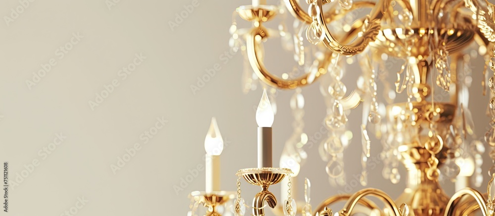 A luxurious gold chandelier hangs gracefully from a pristine white wall, radiating elegance and opulence in its design.