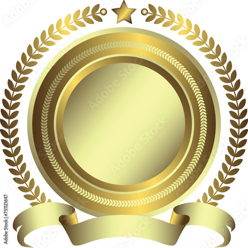 Vector vintage golden and silvery decorative medal with floral ornament and star and ribbon isolated on white