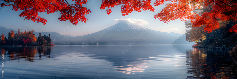 
Colorful Autumn Season, Mountain Fuji, Japan,
 Camping on the shore of a mountain lake in  the winter, Camp by the lake with campfire in winter   at dusk
