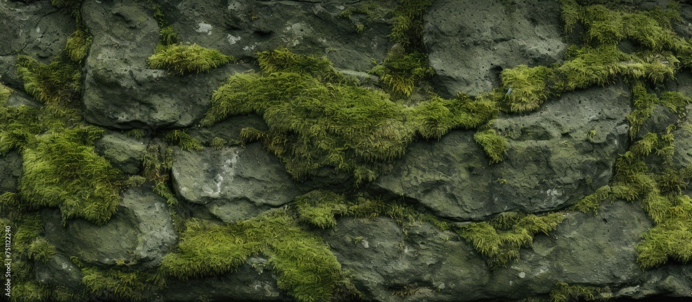 A detailed close-up of a rock wall completely covered in lush green moss, creating a textured and organic surface. The moss forms intricate patterns and adds a natural element to the rugged rock A detailed close-up of a rock wall completely covered in lush green moss, creating a textured and organic surface. The moss forms intricate patterns and adds a natural element to the rugged rock