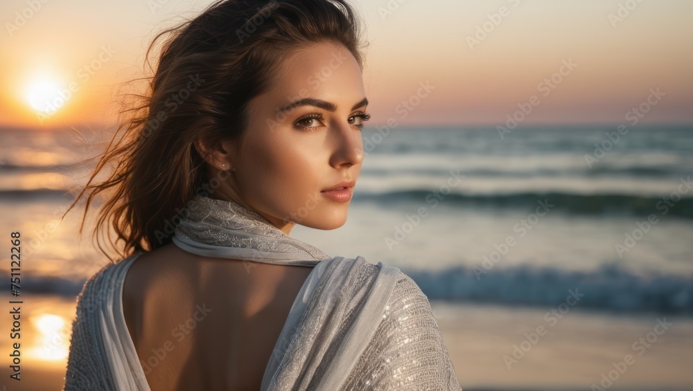 Young beautiful woman at sunset beach with a shawl