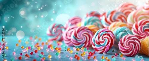 An array of swirled lollipops and candy drops cascade across a cool-toned  bokeh-lit turquoise backdrop.