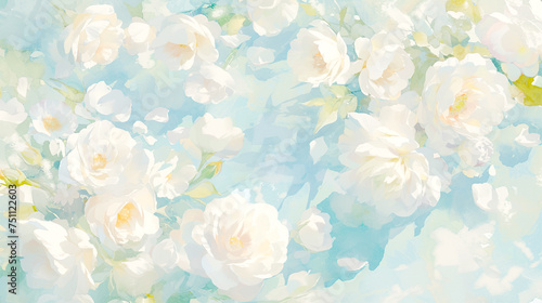 Fototapeta Naklejka Na Ścianę i Meble -  明るい水色の背景に美しく咲く白い花の水彩イラスト