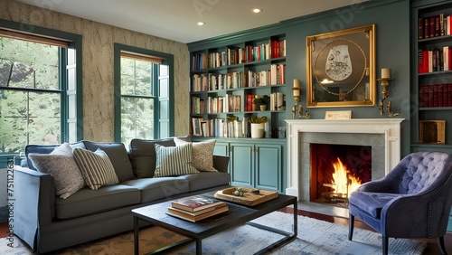 Title: A cozy living room with a plush sofa, warm fireplace, and bookshelves filled with books.