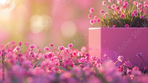 Outdoor grass, pink booth, flower gathering, e-commerce background, International Working Women's Day