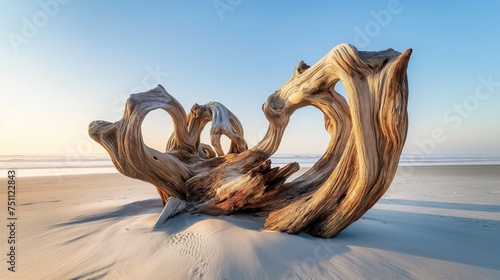 Driftwood sculptures creating abstract shapes on the beach, highlighted by the warm glow of the sun and the clear blue sky above.