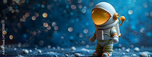 Astronaut wearing a spacesuit walks on another planet. Banner for World's Space party,  cosmonautics day, kid's art concept. Children creativity banner. photo