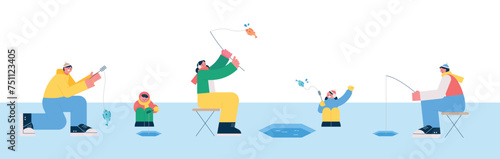 People who enjoy the leisure hobby of fishing. Smelt fishing on the ice in the cold winter. 