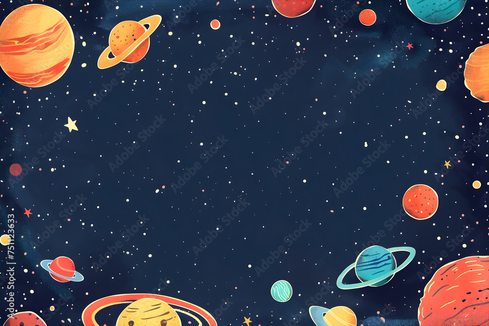 Horizontal frame made of different planets on a dark blue background. Illustration. World's Space party,  cosmonautics day, kid's art concept. with copy space.