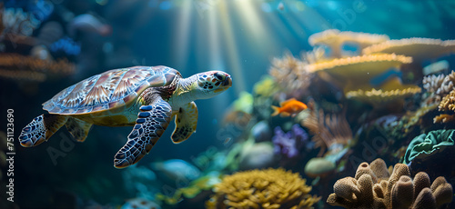 Banner with big sea turtle swims underwater near corals. World Turtle Day and save the turtles concept. © Alexey