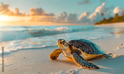 Big sea turtle on the Caribbean beach. World Turtle Day and save the turtles concept.