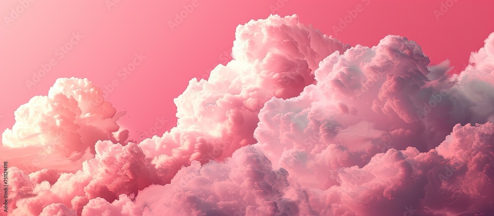 The sky is awash in a dreamy pink hue, adorned with an abundance of fluffy white clouds, creating a captivating scene of natural beauty.