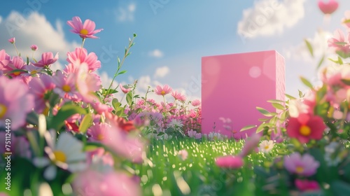 Outdoor grass, pink booth, flower gathering, e-commerce background, International Working Women's Day