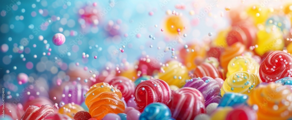 Whimsical sea of candy swirls and sugar beads floating in a dreamlike bokeh bubble atmosphere in vibrant hues.