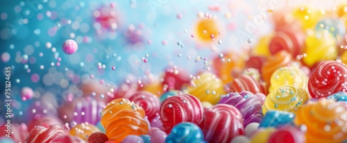 Whimsical sea of candy swirls and sugar beads floating in a dreamlike bokeh bubble atmosphere in vibrant hues.
