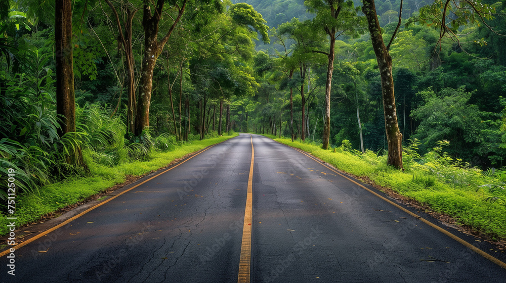 Fototapeta premium a road between greenery with a tree