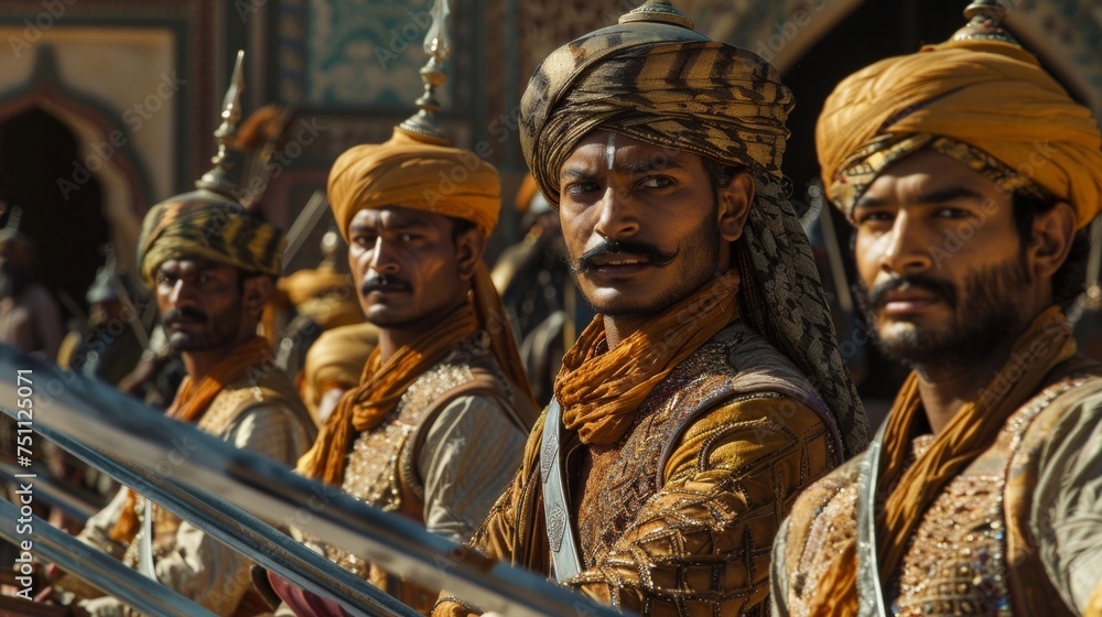 With their swords at the ready these Rajput warriors stand guard at the entrance of their kingdom.