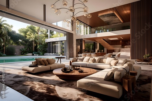 Luxury living room with swimming pool. Panoramic image.