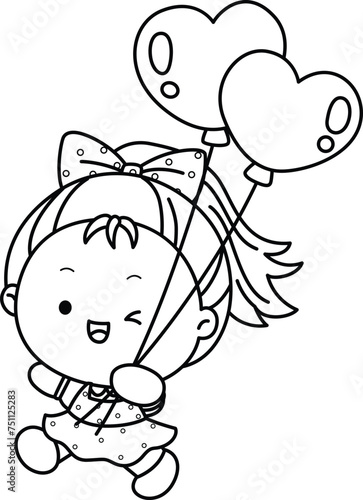 a vector of a cute girl and a balloon
in black and white coloring
