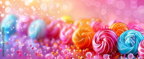 A dazzling array of sugar-dusted and swirled candies gleam within an ethereal glow, creating a vibrant, magical candy dreamscape.