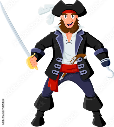 Cartoon pirate and corsair captain character. Isolated vector lively bearded sea filibuster personage with a sinister hook hand and saber, wearing a tricorn hat, ready for fighting on the high seas