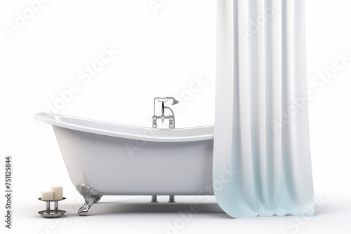 Modern bathtub with shower curtain, isolated on white background