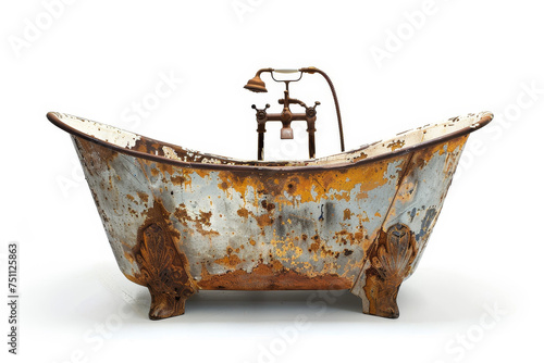 Rusted old clawfoot bathtub isolated on white background photo