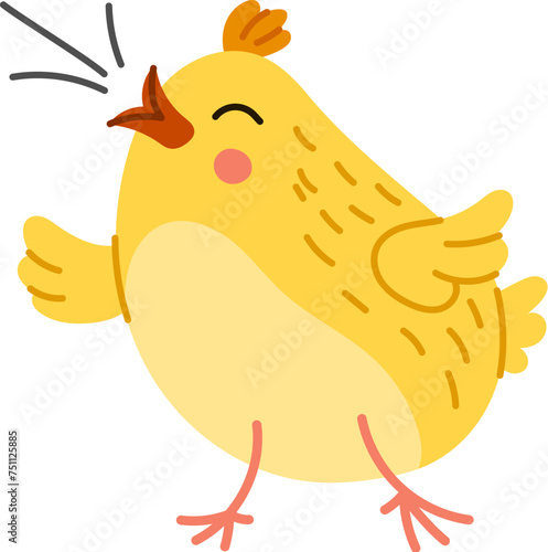 Adorable chick cartoon character tweeting joyfully with closed eyes and tiny beak, overflowing with cuteness and spreads cheer at farm or livestock. Isolated cute and funny little chicken singing