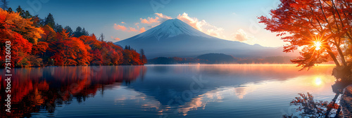 sunrise over lake, Colorful Autumn Season, Mountain Fuji, Japan,