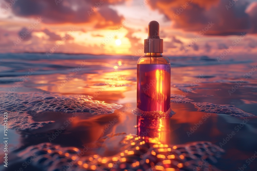dropper bottle for cosmetics on the sea .cosmetic bottle mockup with skin care concept. Generative AI dropper bottle for cosmetics on the sea .cosmetic bottle mockup with skin care concept. Generative AI