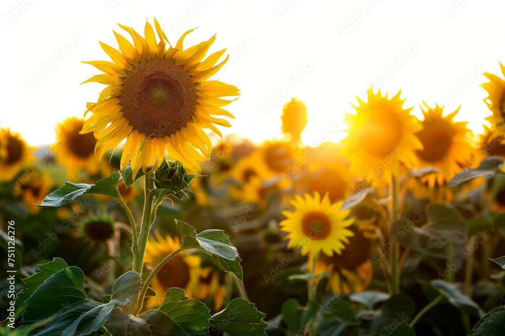 Blooming sunflowers flowers field in the garden with sunset background .Generative AI