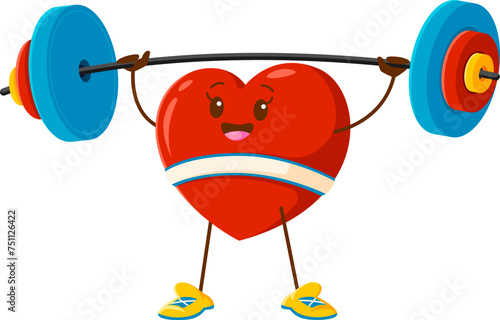 Cartoon heart character with barbell. Isolated vector red strong heart sportsman with a big smile and flexing arms, enthusiastically lifts a heavy weight above its head, showcasing strength and health
