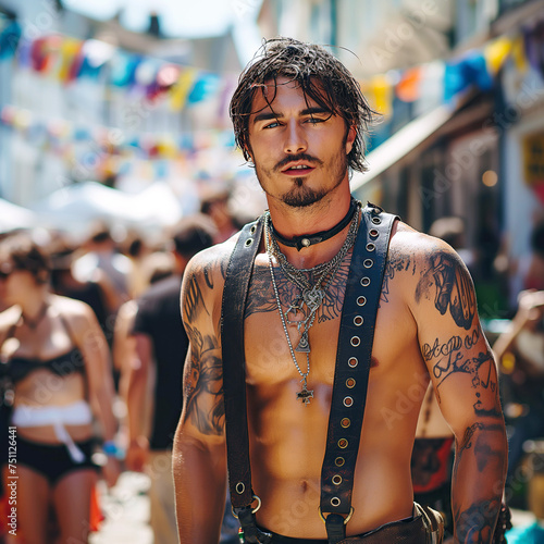 Handsome sexy muscular white gay man with bare abs in leather harness at the LGBT parade on the street © alexkoral