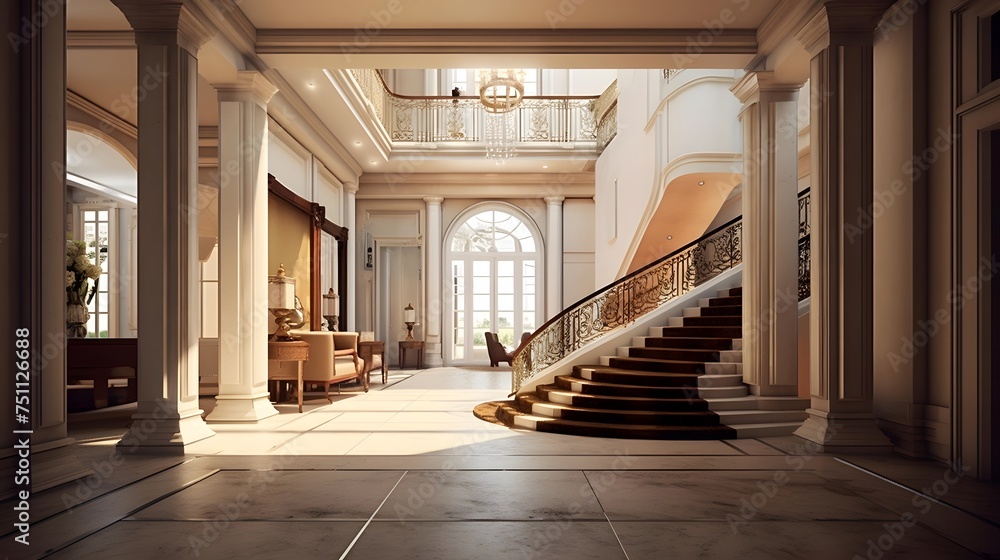 3d rendering of a hall with stairs leading to the entrance.