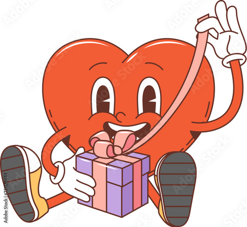 Cartoon groovy Valentine heart character with gift in retro 70s hippie art, vector comic personage. Groovy heart with funny face unpacking love gift box for wedding or Valentine day holiday emoji