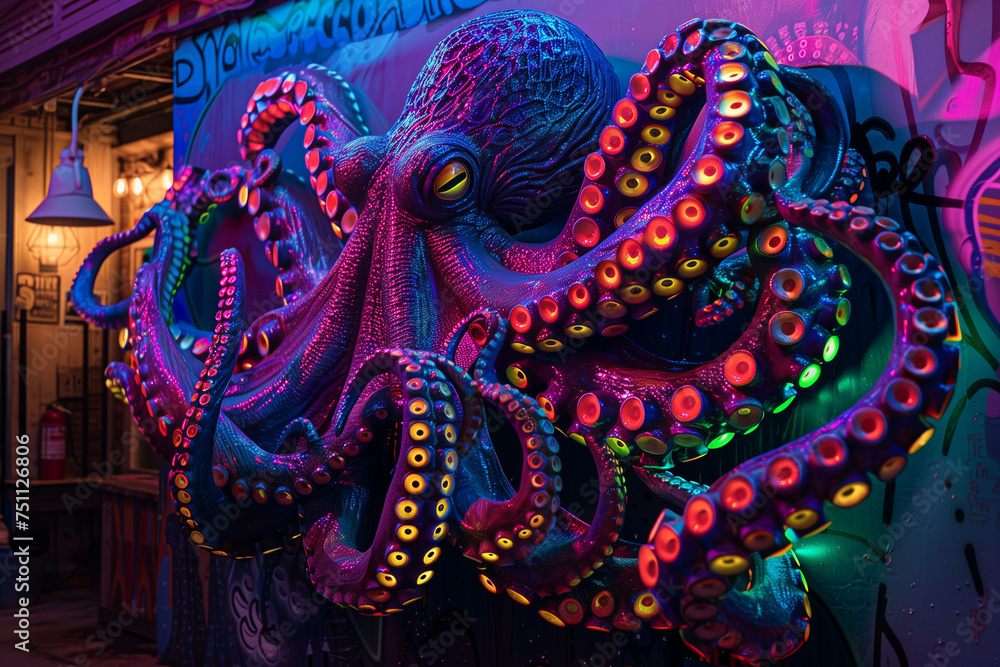 installation of luminous by neon lights tentacles of octopus on the wall installation of luminous by neon lights tentacles of octopus on the wall
