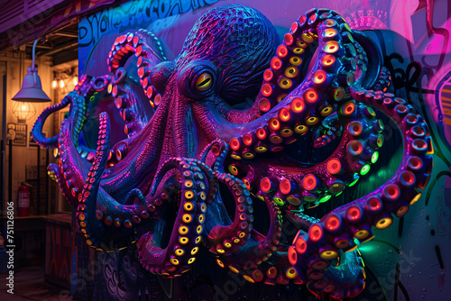 Wallpaper Mural installation of luminous by neon lights tentacles of octopus on the wall Torontodigital.ca