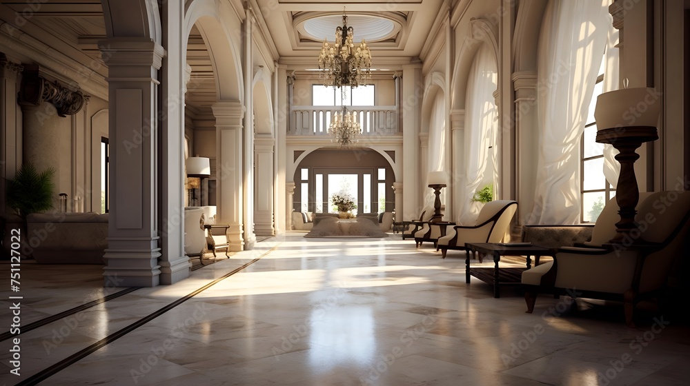 Luxury hotel lobby interior, panoramic view. Luxury hotel lobby interior