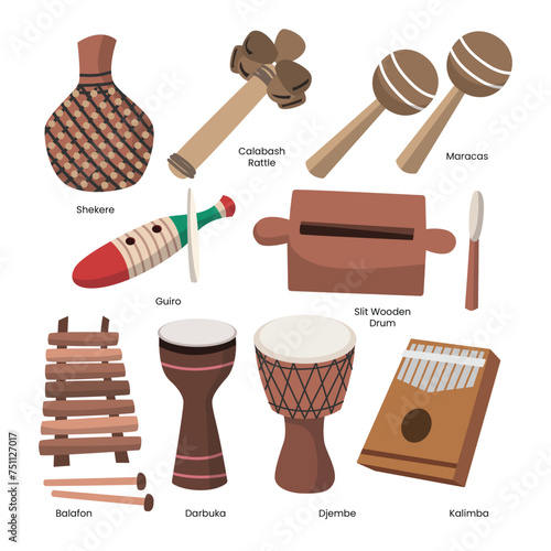 Set of Wooden African Music Instrument Set collection with shekere, calabash rattle, maracas, guiro, slit wooden drum, balafon, darbuka, djembe and kalimba, vector cartoon isolated illustration. photo