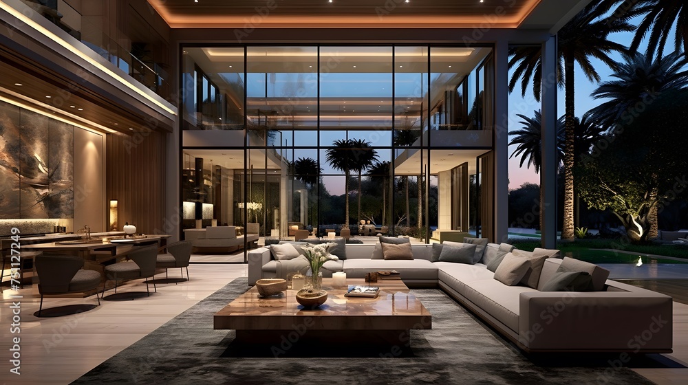 3d rendering of a modern living room with a view of the garden