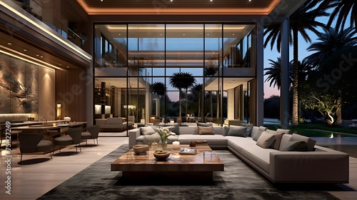 3d rendering of a modern living room with a view of the garden