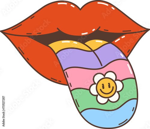Cartoon retro groovy hippie mouth with rainbow tongue in 60s and 70s art, vector symbol. Groovy hippie symbol of mouth lips with tongue out and daisy chamomile flower, 1960s and 1970s pop art sticker