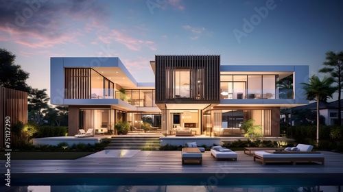 3d rendering of modern cozy house in the garden with pool and parking for sale or rent. Clear summer night with many stars on the sky. © Iman