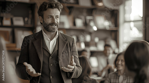 Business executive speaking to people - describing something - telling a story - black and white photograph - monochrome - stylish and classically cool  photo